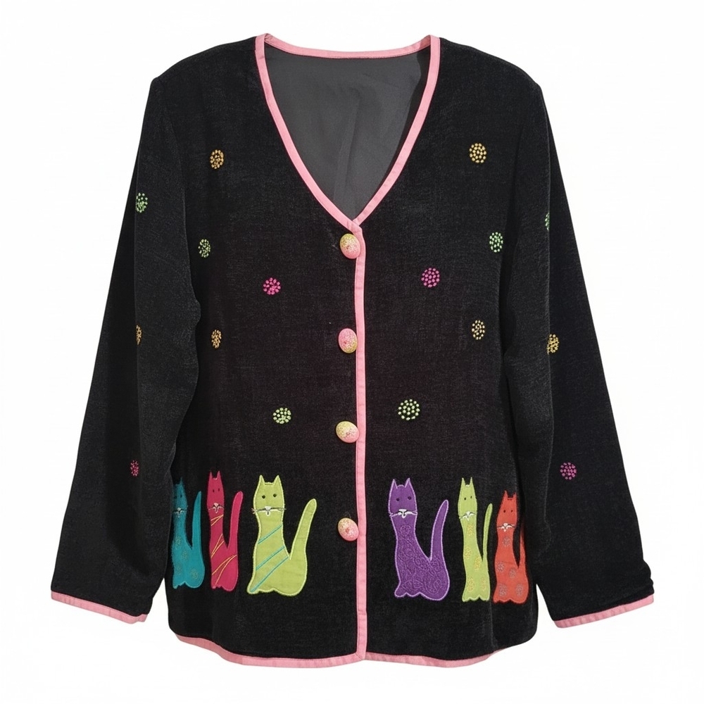 Vintage Cats Sweater Cardigan Women's L Black Velour Pink Trim Buttons Whimsical